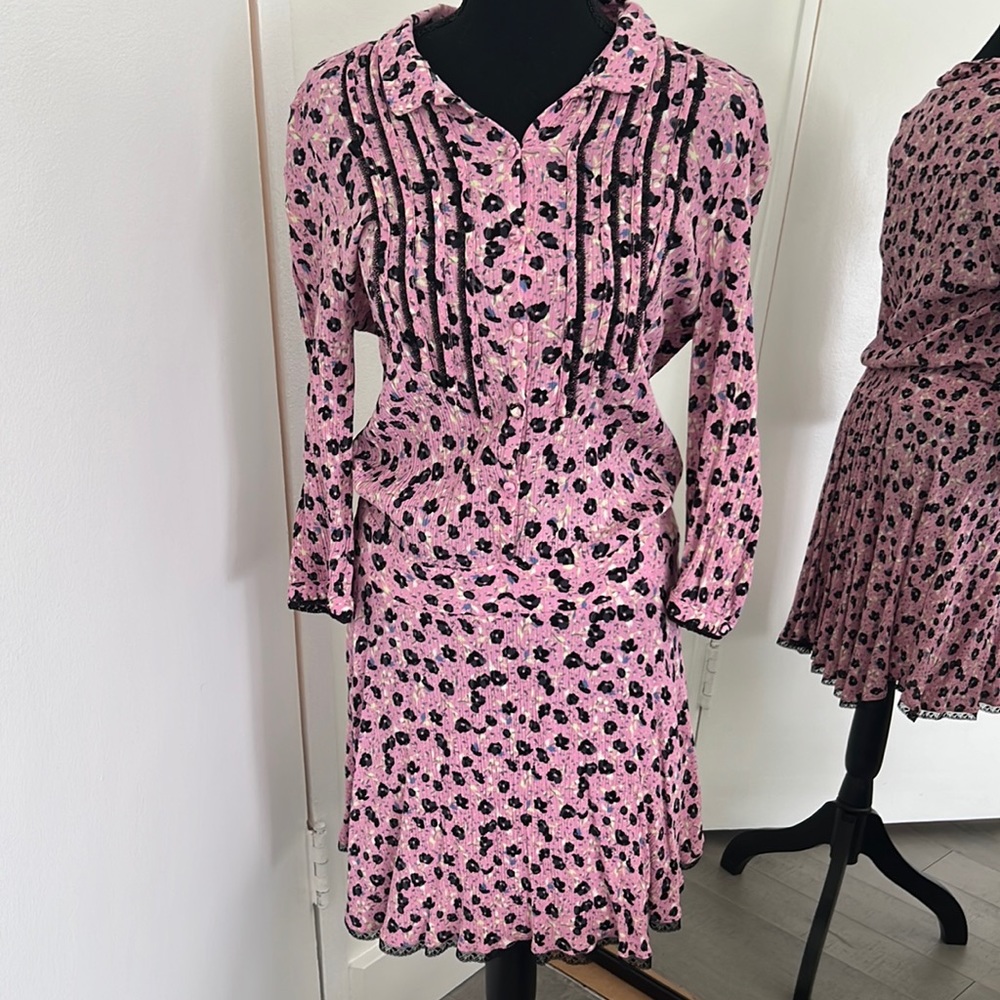 Zadig & Voltaire Raspail Floral Print Pink Dress w/ Lace Trim, US L $75